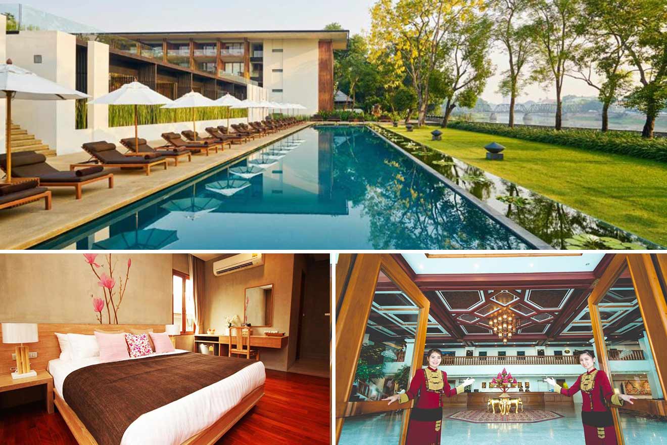 A collage of three photos of hotels to stay in Riverside, Chiang Mai: a serene infinity pool lined with sun loungers and umbrellas, a cozy, well-lit room with a comfortable bed and modern amenities, and an elegant hotel lobby with traditional Thai decor and welcoming staff in cultural attire