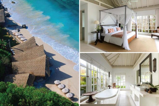 Beachside resort with straw-roofed cabanas, white sand, and turquoise water. Interior features a canopy bed in a bright bedroom and a bathroom with a freestanding tub and large windows.