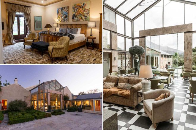 Collage of a luxury hotel interior and exterior: a cozy bedroom, a sunlit lounge with glass ceiling, and an elegant garden entrance.