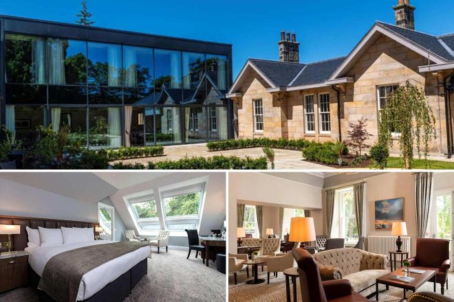 Collage of 3 pics of  luxury hotel in Inverness: a luxurious hotel with a modern glass building and a traditional stone cottage. Interior views show a spacious bedroom and a comfortable lounge area furnished with sofas, armchairs, and tables.