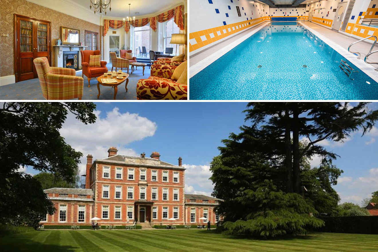 Three-image collage: an elegant lounge area with vintage furniture, an indoor swimming pool with blue and yellow tiles, and an exterior view of a large historic mansion with manicured lawns.