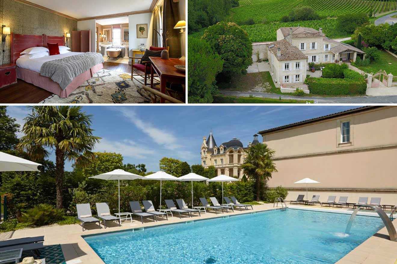 A collage of three photos of hotels to stay near Bordeaux: a hotel bedroom, aerial view of hotel exterior, and outdoor pool