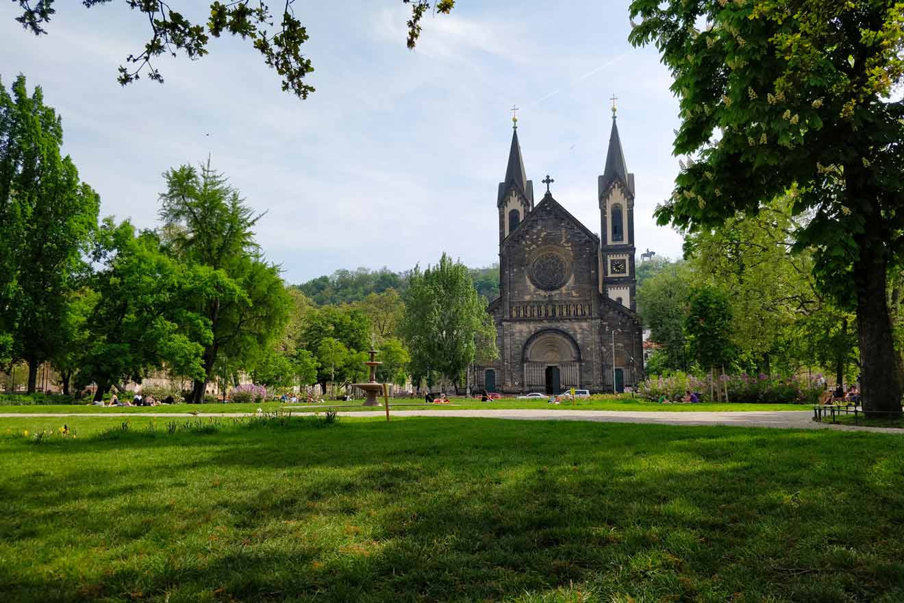 a church with a huge park around it
