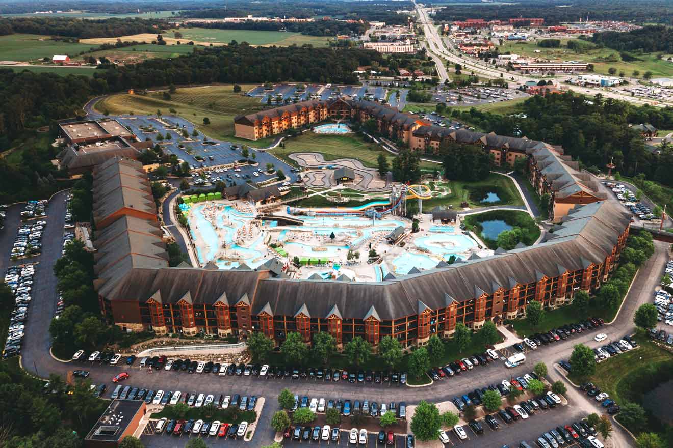 Arial view of a resort with a pool complex