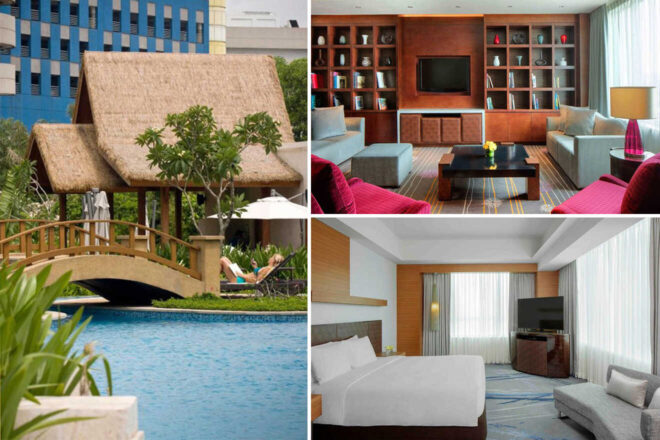 Collage of a tropical resort with a thatched-roof pavilion by a pool, a modern living room with red chairs, and a contemporary hotel room with a large bed and TV.