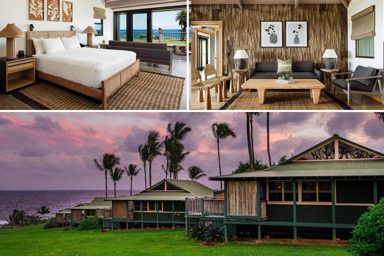 a collage of 3 photos: bedroom, living room, and exterior view of bungalows 