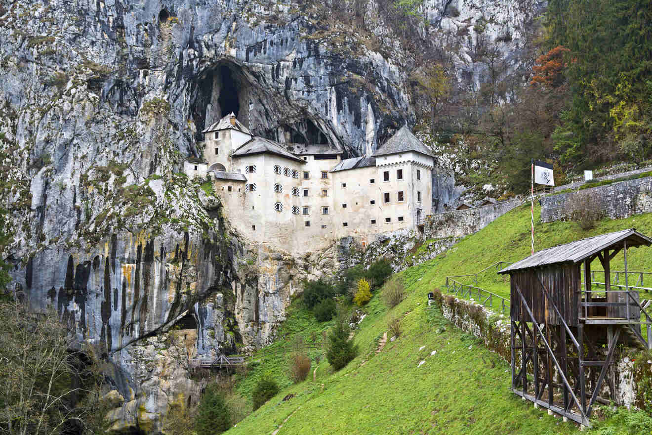 A medieval castle built into the side of a rocky cliff with a cave opening above, surrounded by greenery, in a mountainous landscape.