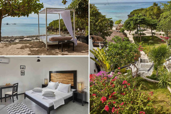 Collage of a beachfront cabana, a tropical garden with ocean view, and a modern bedroom with a double bed.