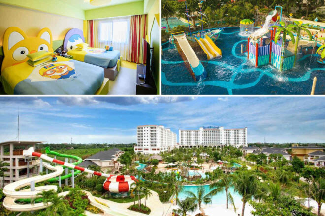 A hotel room with cartoon-themed bed covers, a colorful water play area with slides, and an aerial view of a resort with water slides and pools.