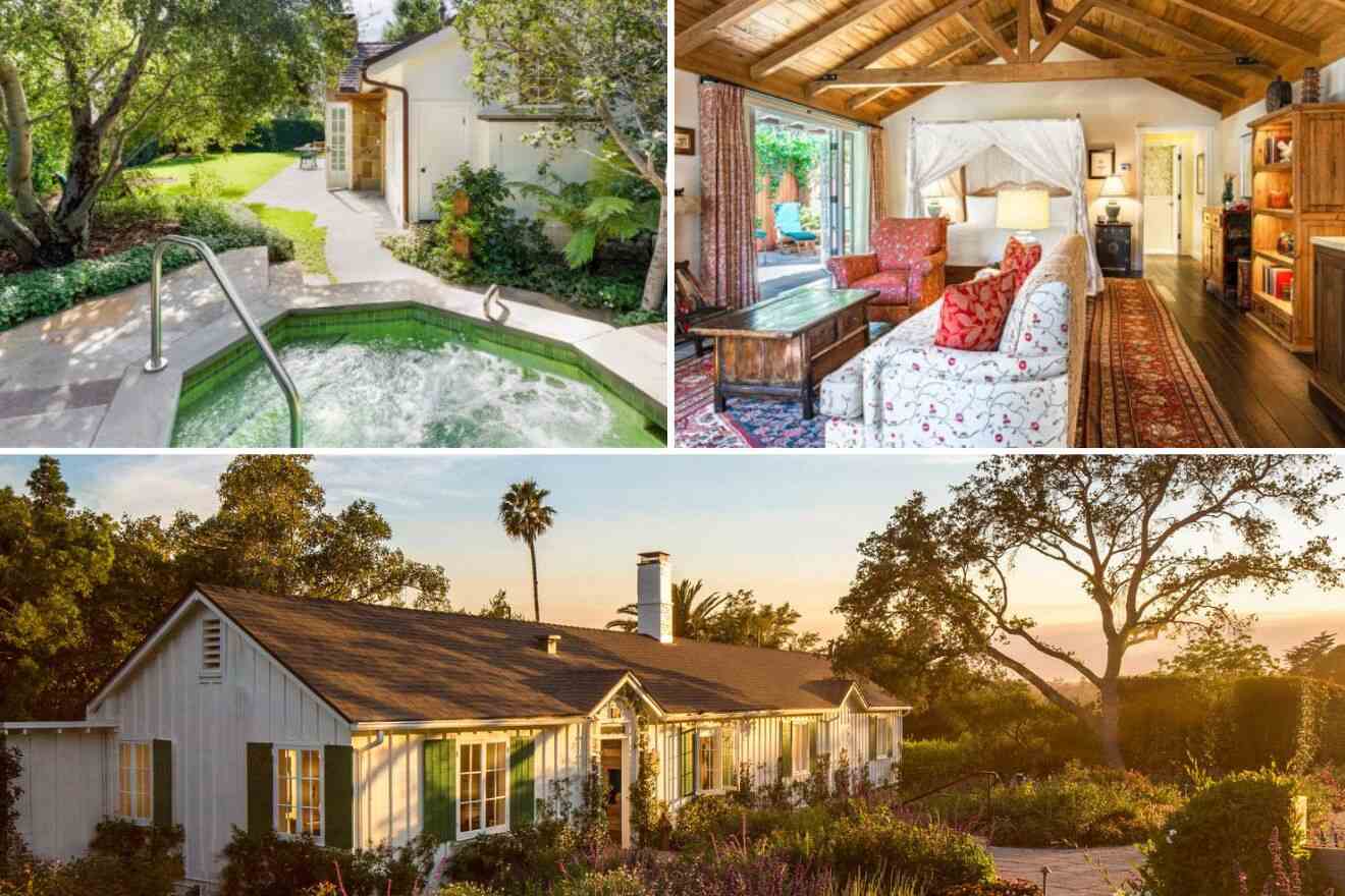 Collage showing a house with a garden and hot tub, a cozy living room with wooden beams, and an exterior view of the home surrounded by trees and landscaping.