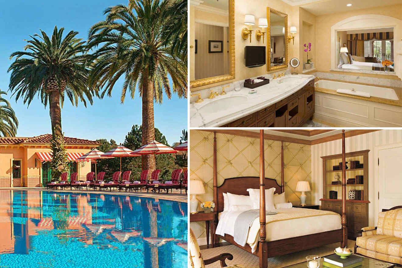 Collage of three hotel pictures: swimming pool, bathroom and bedroom