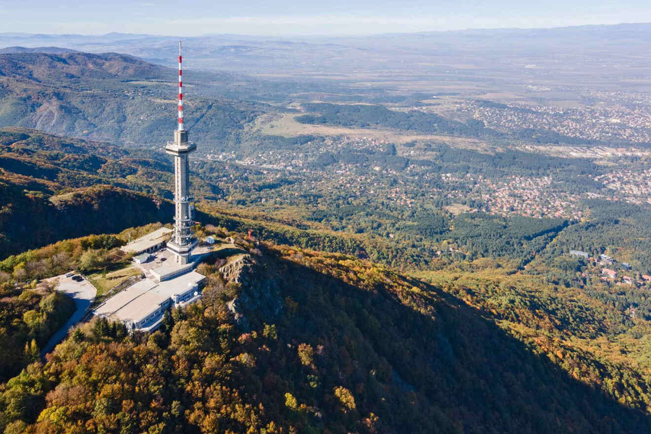 Aerial view of a tall broadcast tower on a hill, surrounded by dense forest and overlooking a vast landscape with distant hills and a sprawling town.