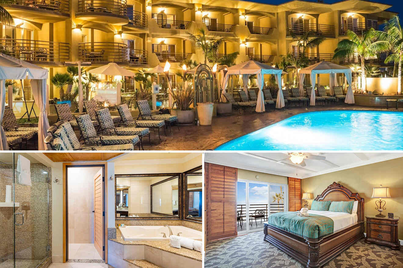 Collage of three hotel pictures: swimming pool, bathroom and bedroom