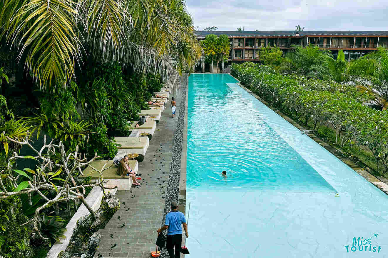 Scenic outdoor pool lined with palm trees and sun loungers, with a clear blue sky above in Ubud resort