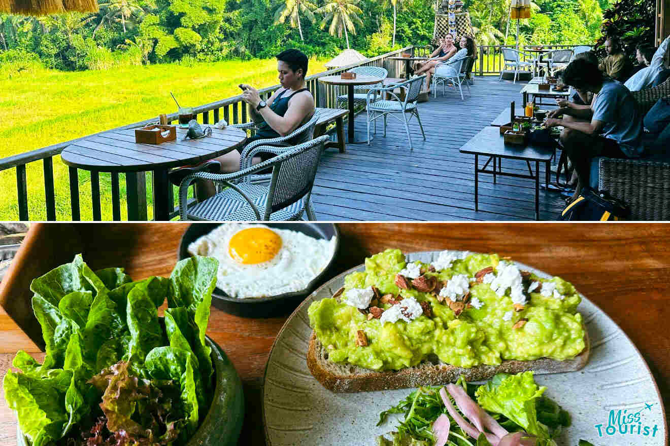 A collage of two photos: Diners enjoy a meal on a wooden terrace with a view of Ubud's rice terraces, and avocado toast with feta and pecans, alongside a fresh salad and a fried egg