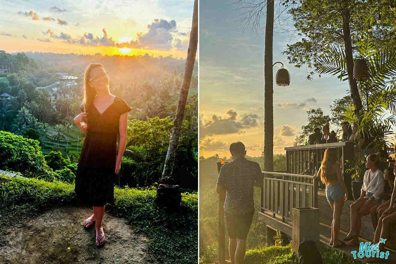 A collage of two photos: the writer of the post in a black dress enjoys the golden hour overlooking Ubud's lush jungle, and onlookers captivated by a stunning sunset from a hilltop deck