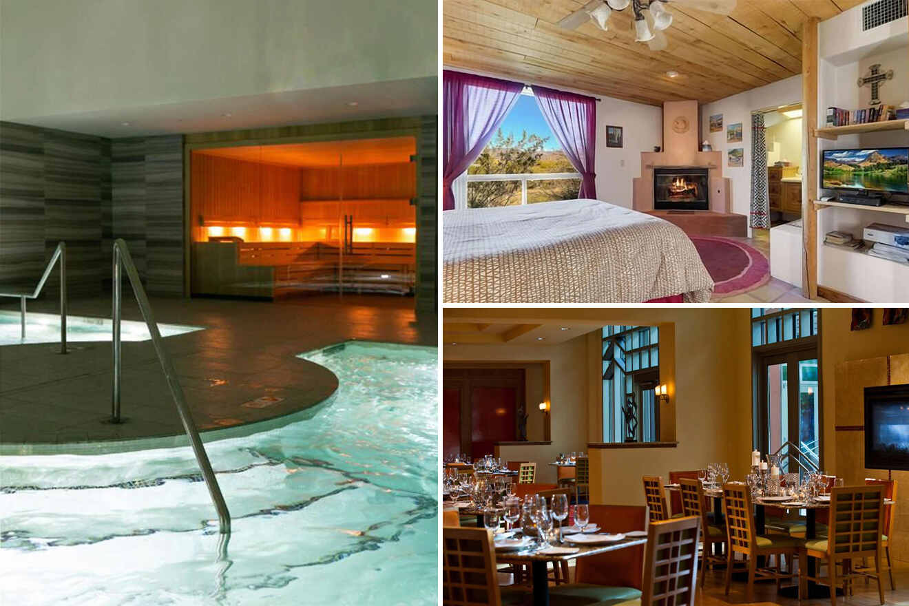 collage of 3 images containing a bedroom, an indoor swimming pool, and the restaurant