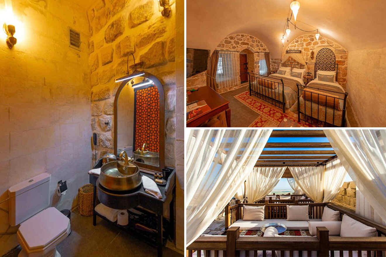 collage of 3 images containing a bathroom, bedroom, and gazebo
