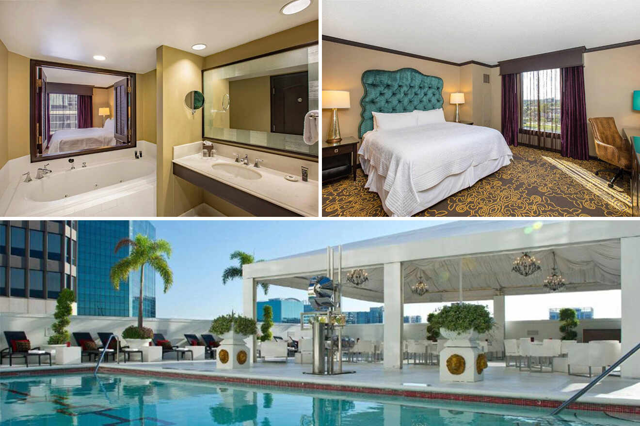 collage of 3 images containing the view of the bathroom with jacuzzi, bedroom and the outdoor swimming pool