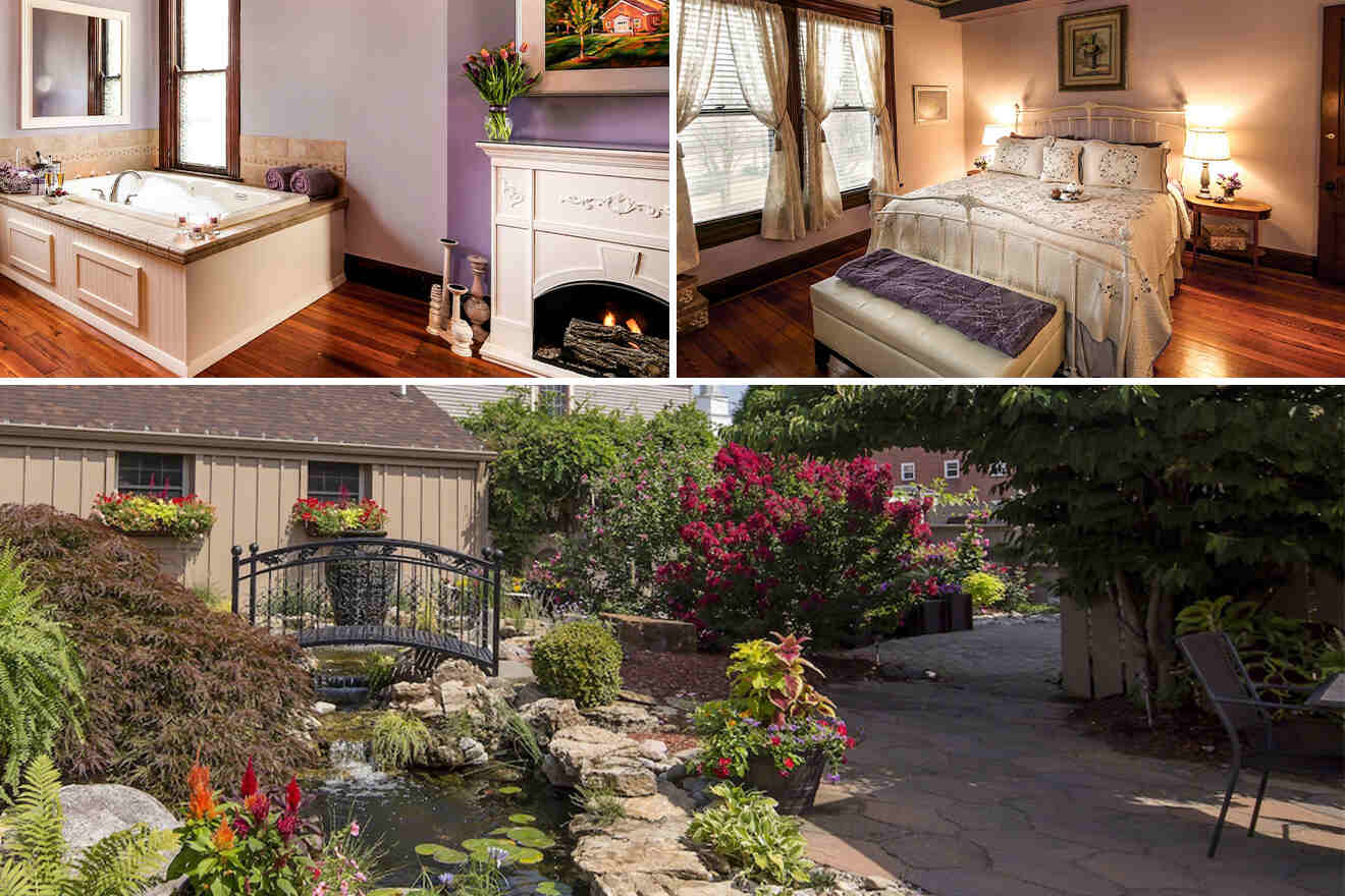 collage of 3 images containing a bathroom, bedroom, and hotel garden

