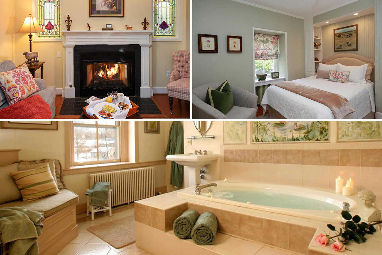 collage of 3 images containing a bedroom, bathroom with cool bath tub and sitting area
