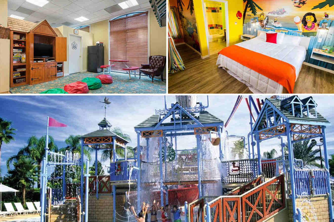 collage of 3 images containing a water park, lego themed bedroom, and children's area