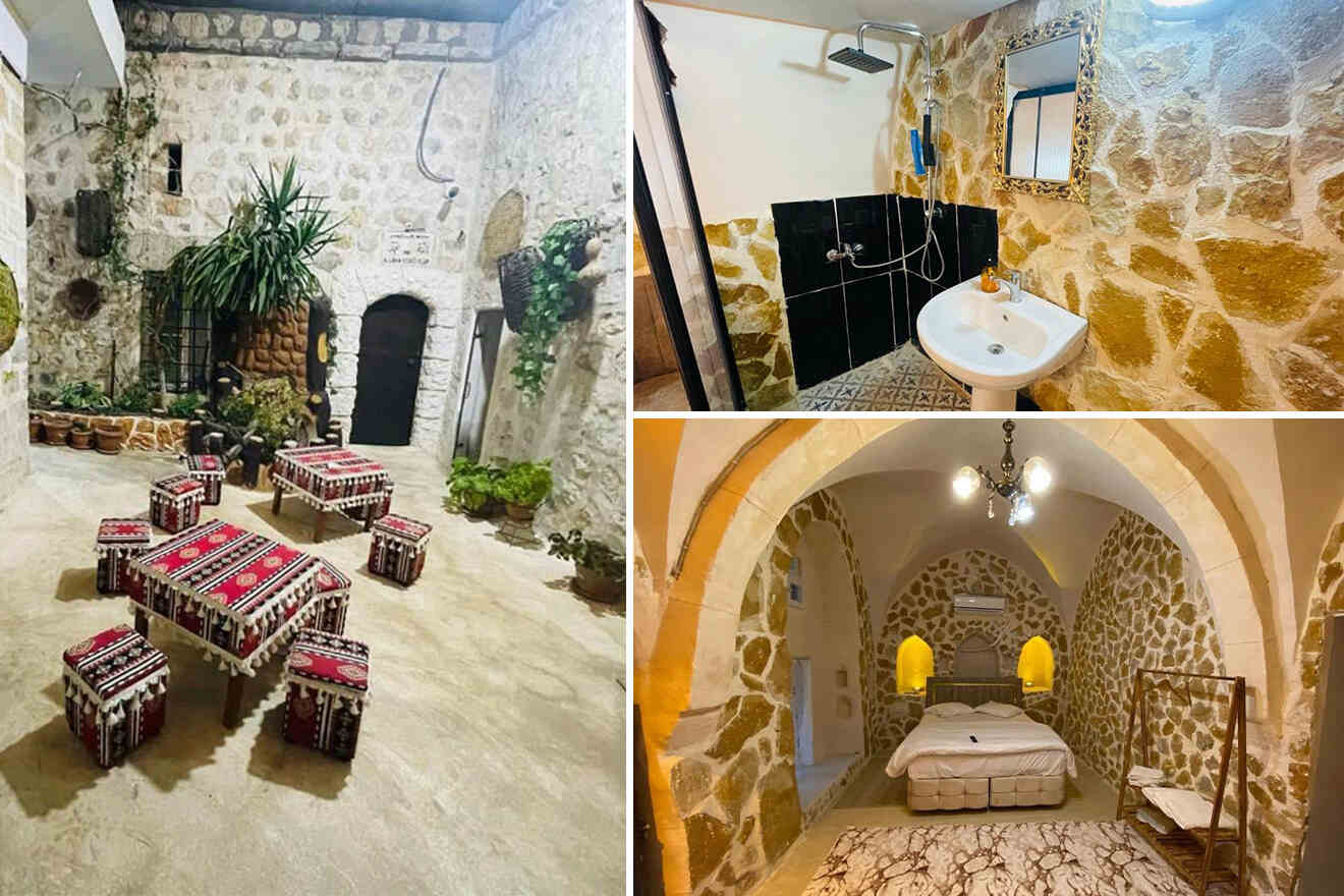 collage of 3 images containing a bathroom, bedroom, and sitting area