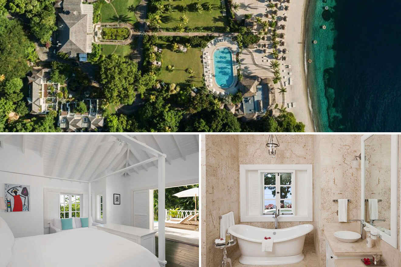 collage of 3 images containing a drone shot over the resort, bedroom  and bathroom