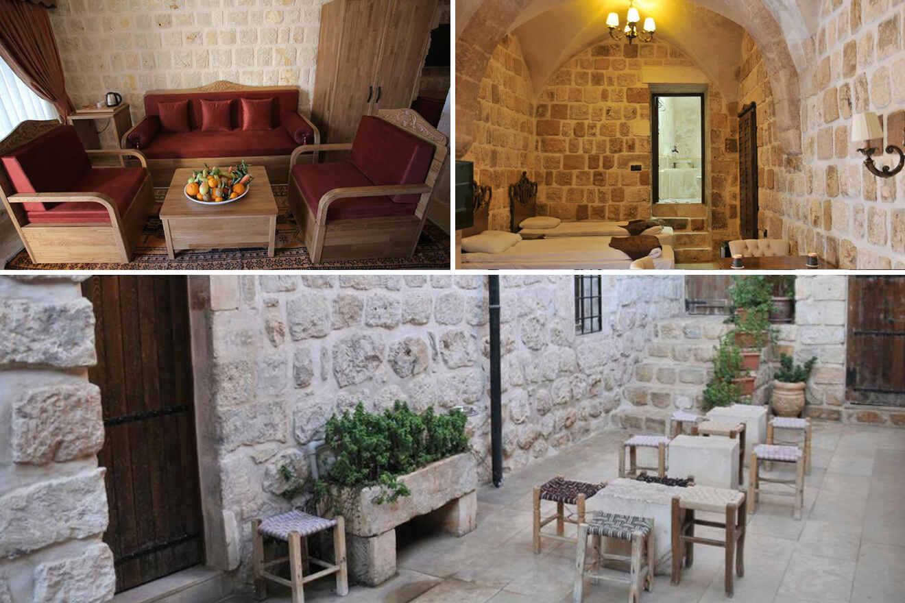 collage of 3 images containing an outdoor sitting area, bedroom, and lounge