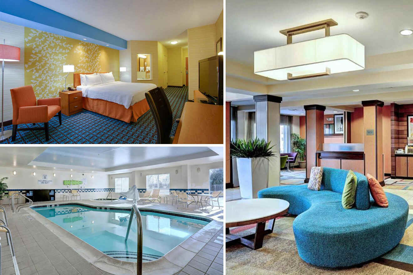 collage of 3 images containing a bedroom, indoor swimming pool and lounge