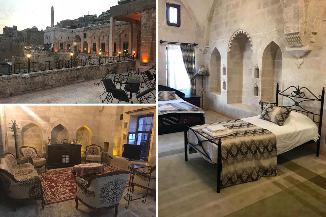 collage of 3 images containing view from the terrace, sitting area, and badroom