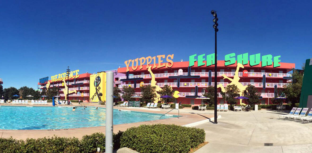 hotel building view with a swimming pool