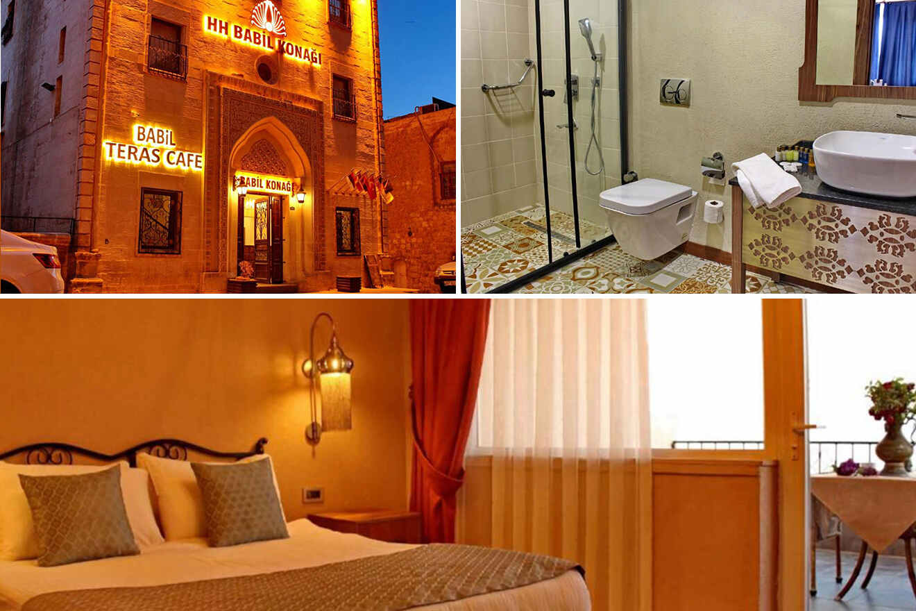 collage of 3 images containing a bathroom, bedroom, and outside hotel building