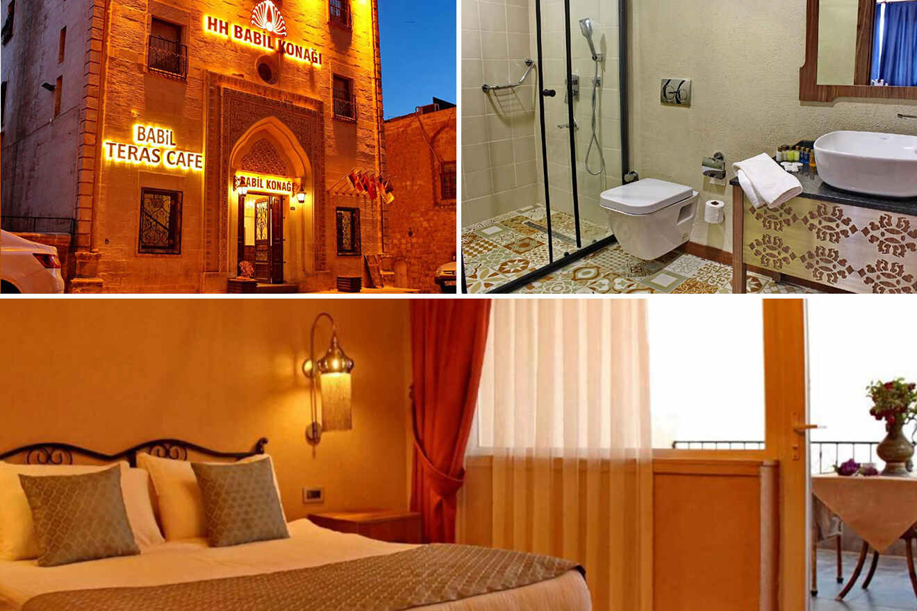 collage of 3 images containing a bathroom, bedroom, and outside hotel building
