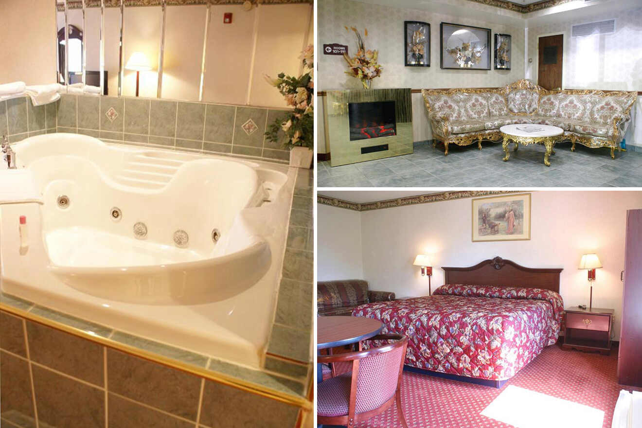 collage of 3 images containing a bedroom, jacuzzi and sitting area with fireplace