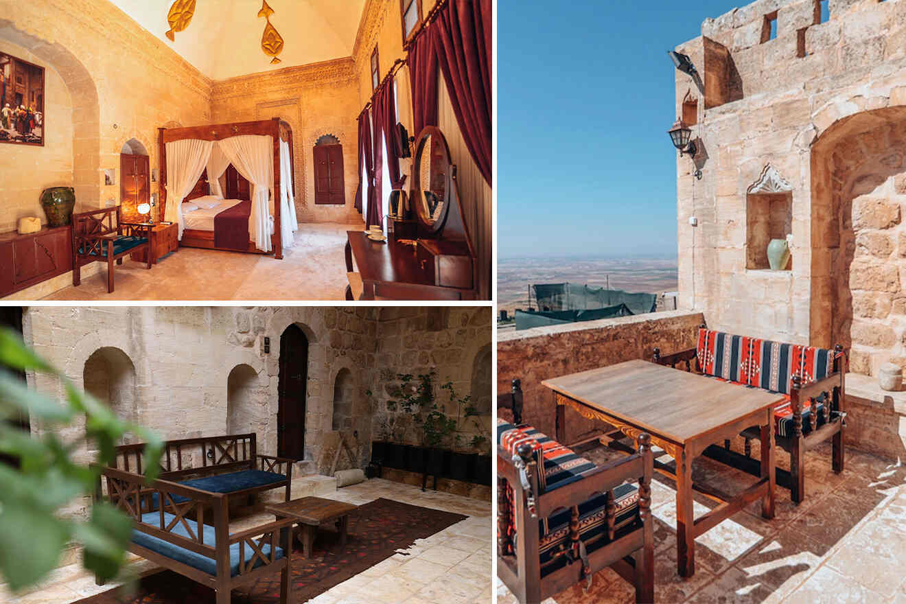 collage of 3 images containing a terrace view, bedroom, and sitting area