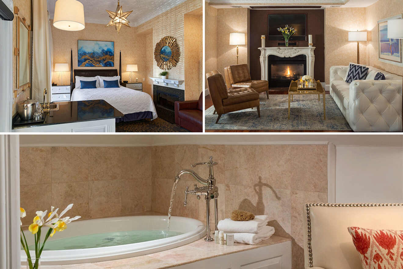 collage of 3 images containing a bedroom, bathroom tub and lounge with fireplace