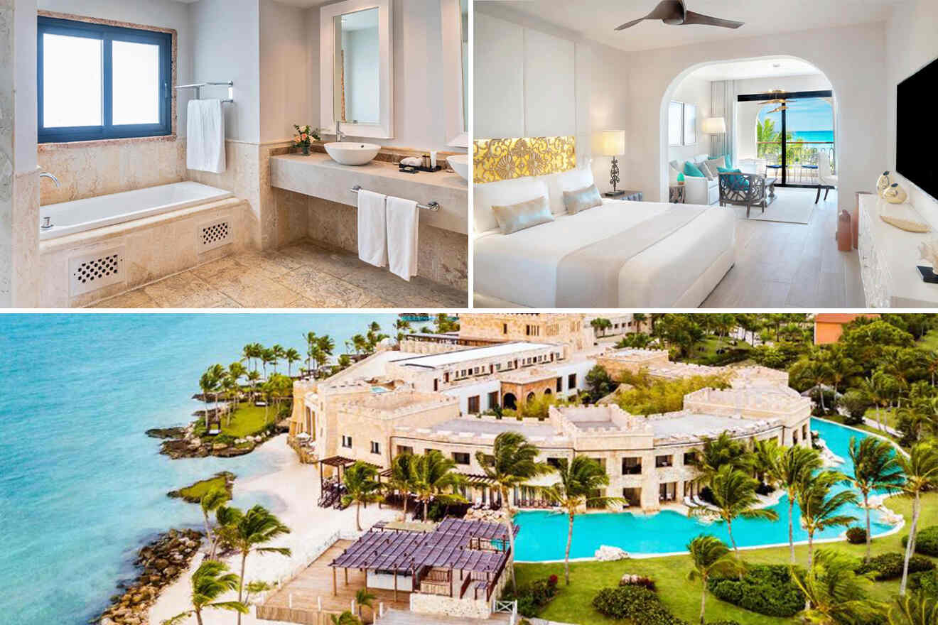 collage of 3 images containing a drone shot over the resort, bedroom  and bathroom