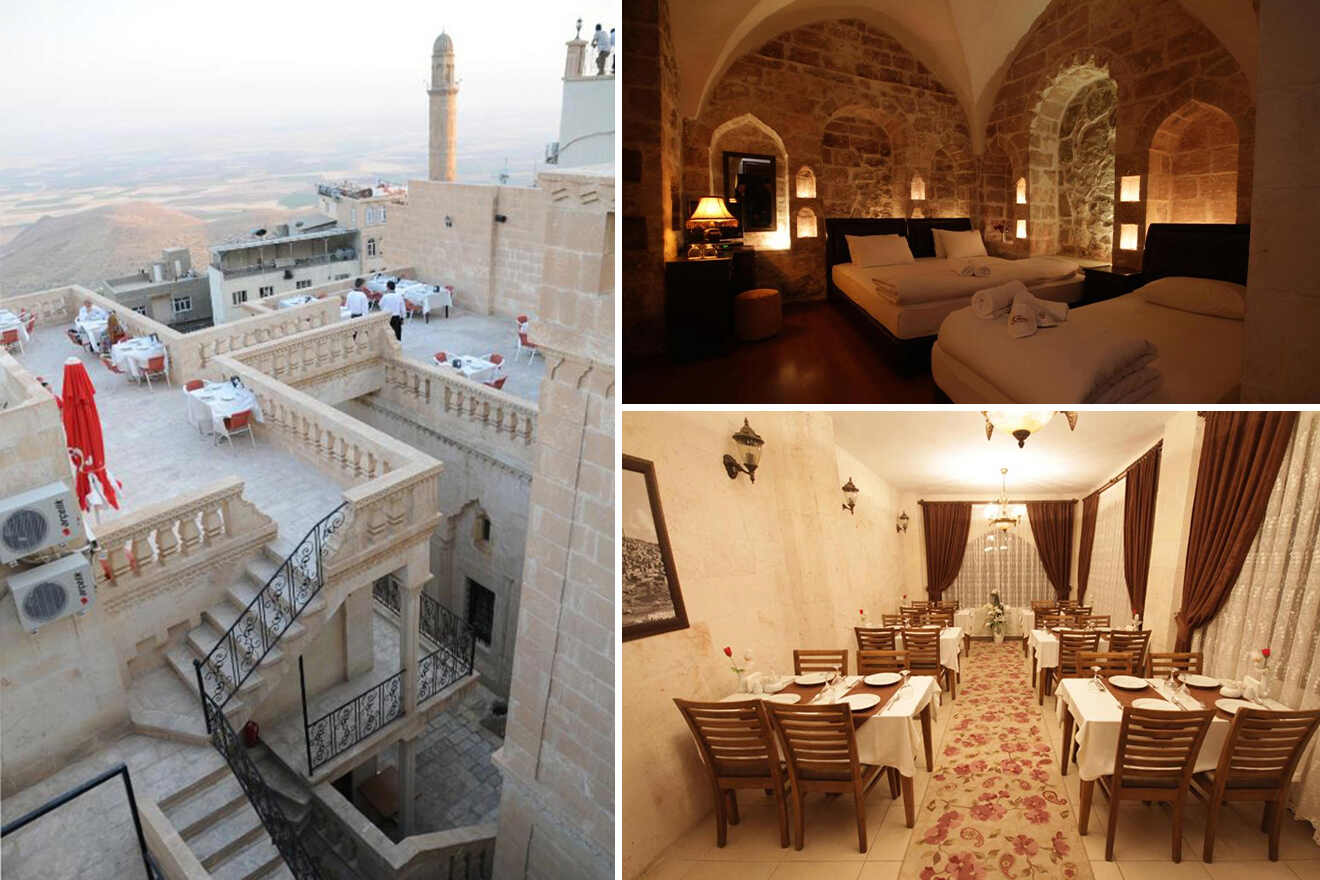 collage of 3 images containing a view from the top of the hotel, bedroom, and restaurant
