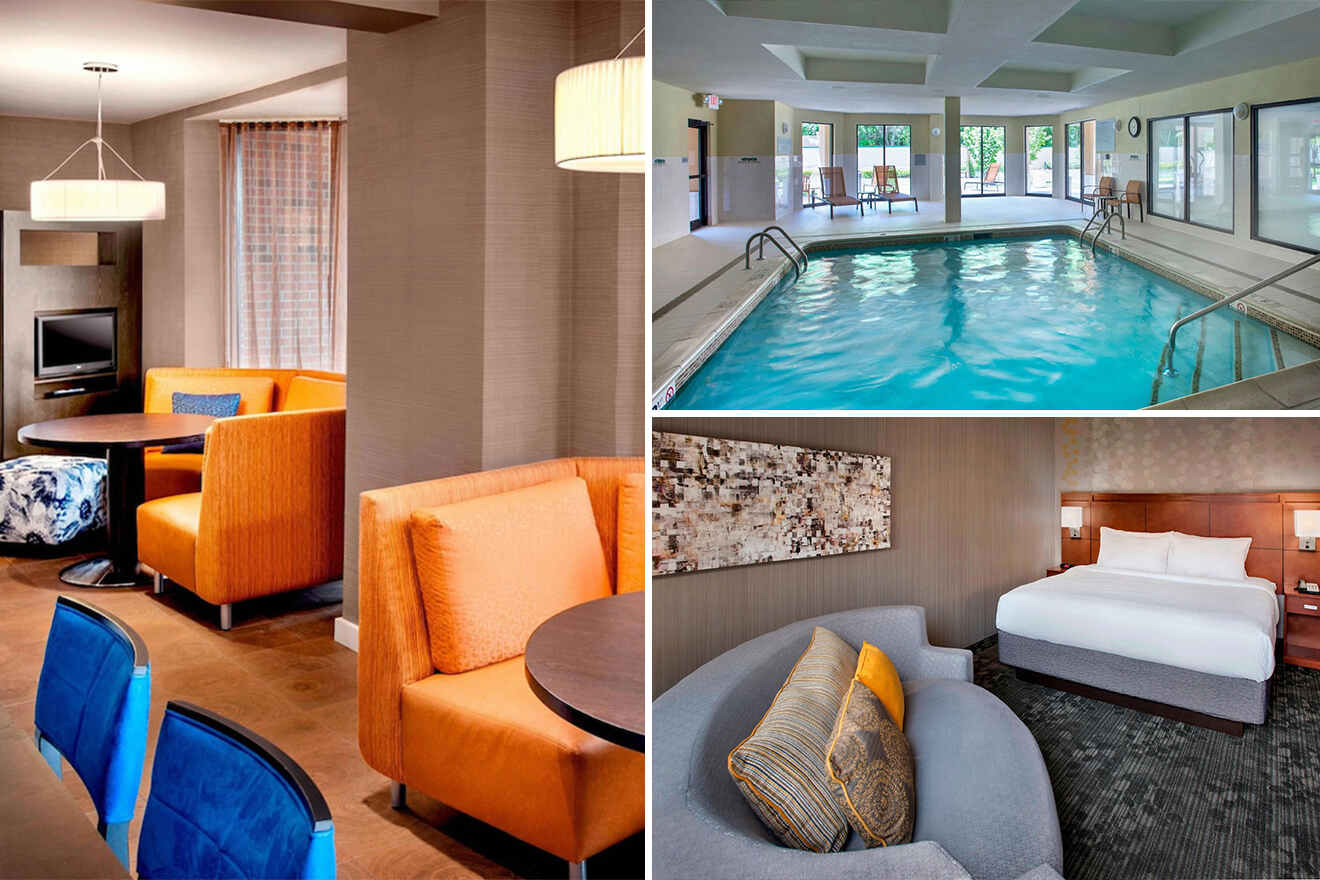 collage of 3 images containing a bedroom, indoor swimming pool and lounge