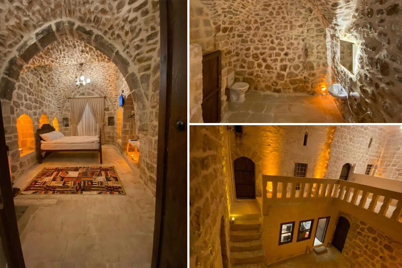 collage of 3 images containing a bathroom, bedroom, and hotel top view