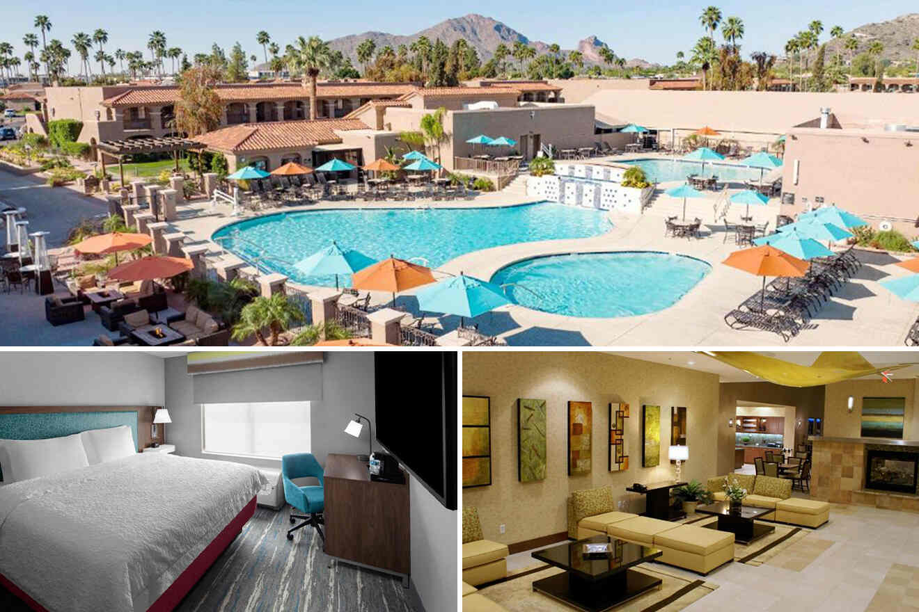 collage of 3 images containing a bedroom, outdoor swimming pool, and sitting area
