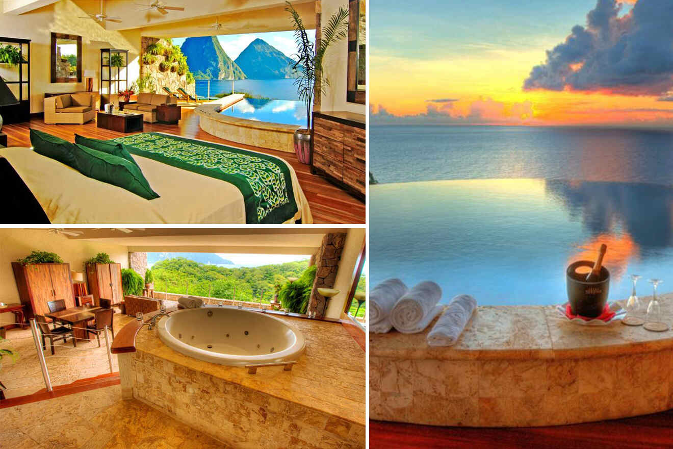 collage of 3 images containing a private pool, bedroom  and bathroom