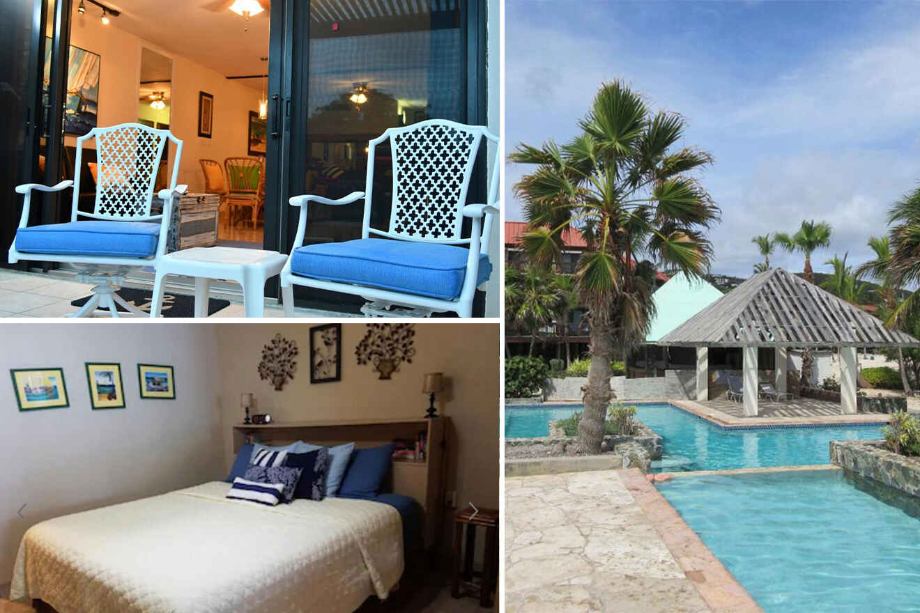 collage of 3 images containing a swimming pool, bedroom  and sitting area on the balcony