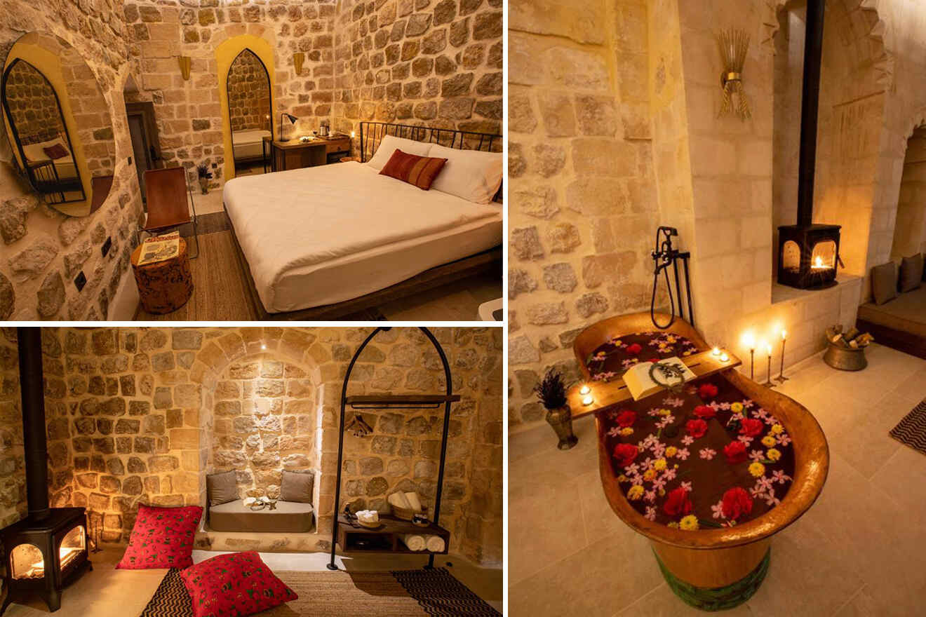 collage of 3 images containing a vintage bathtub, bedroom, and sitting area