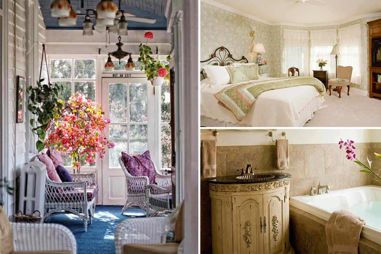 collage of 3 images containing a bedroom, lovely vintage looking bathroom and porch
