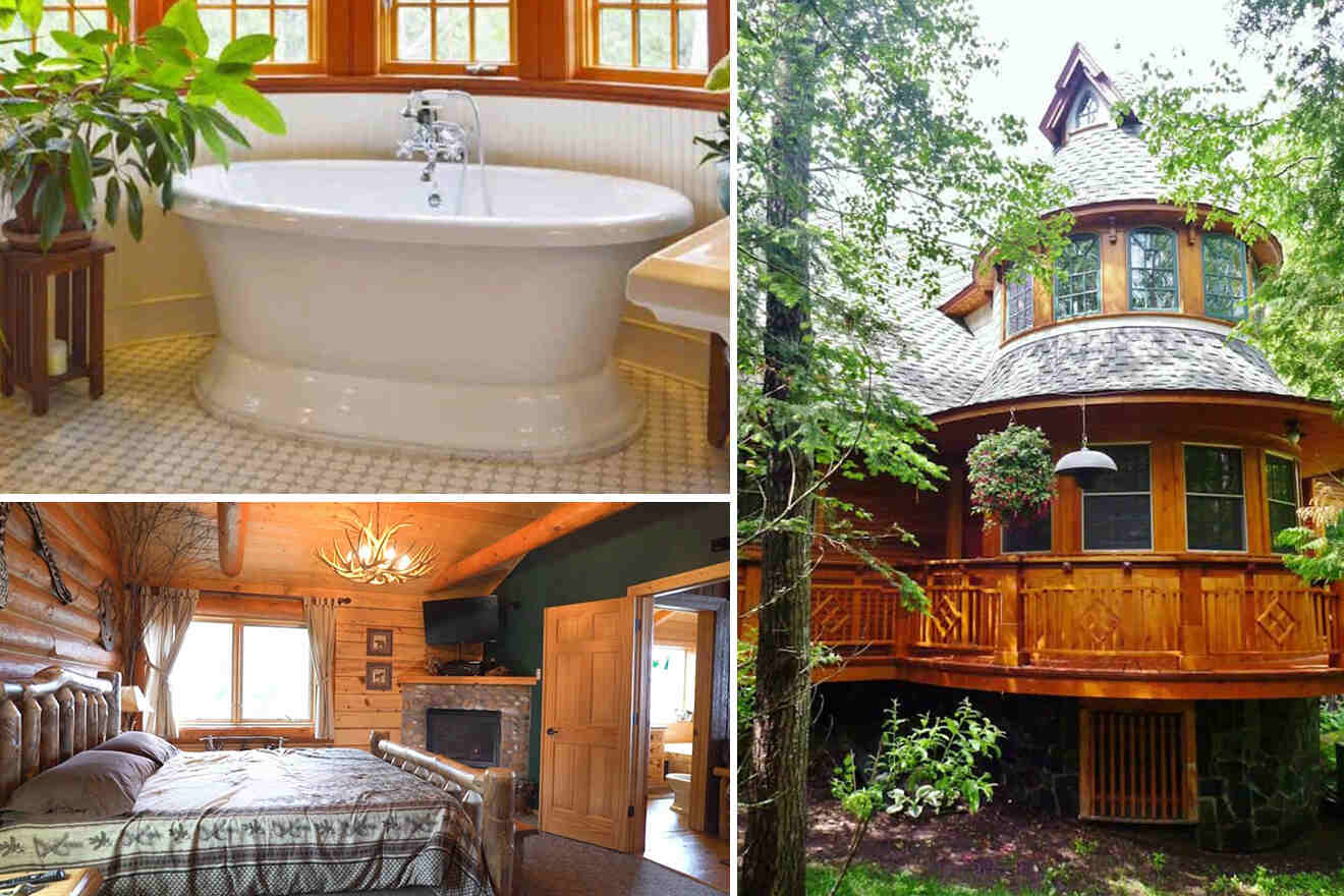 collage of 3 images containing cabin building, bedroom and a bathtub