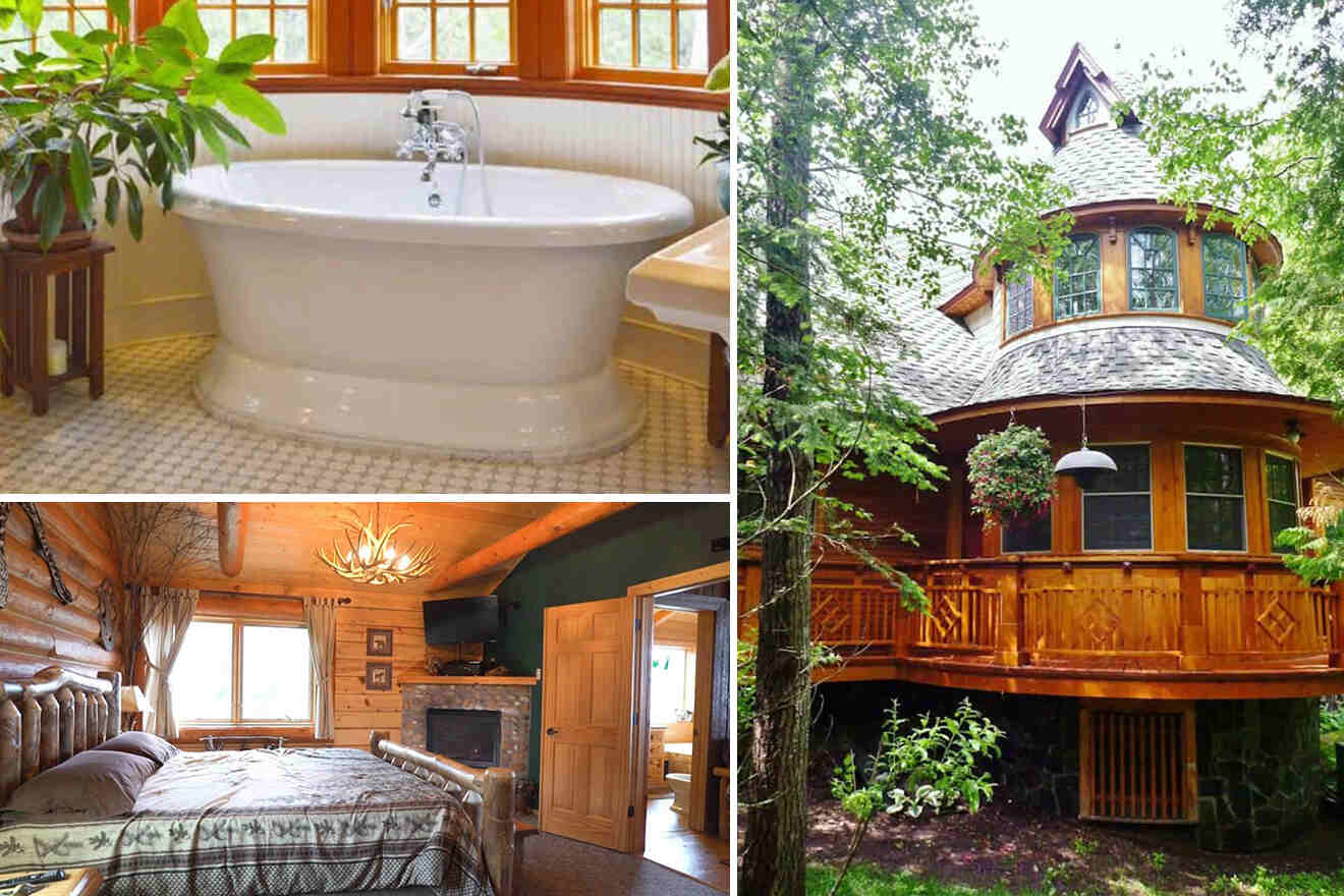 collage of 3 images containing cabin building, bedroom  and a bathtub