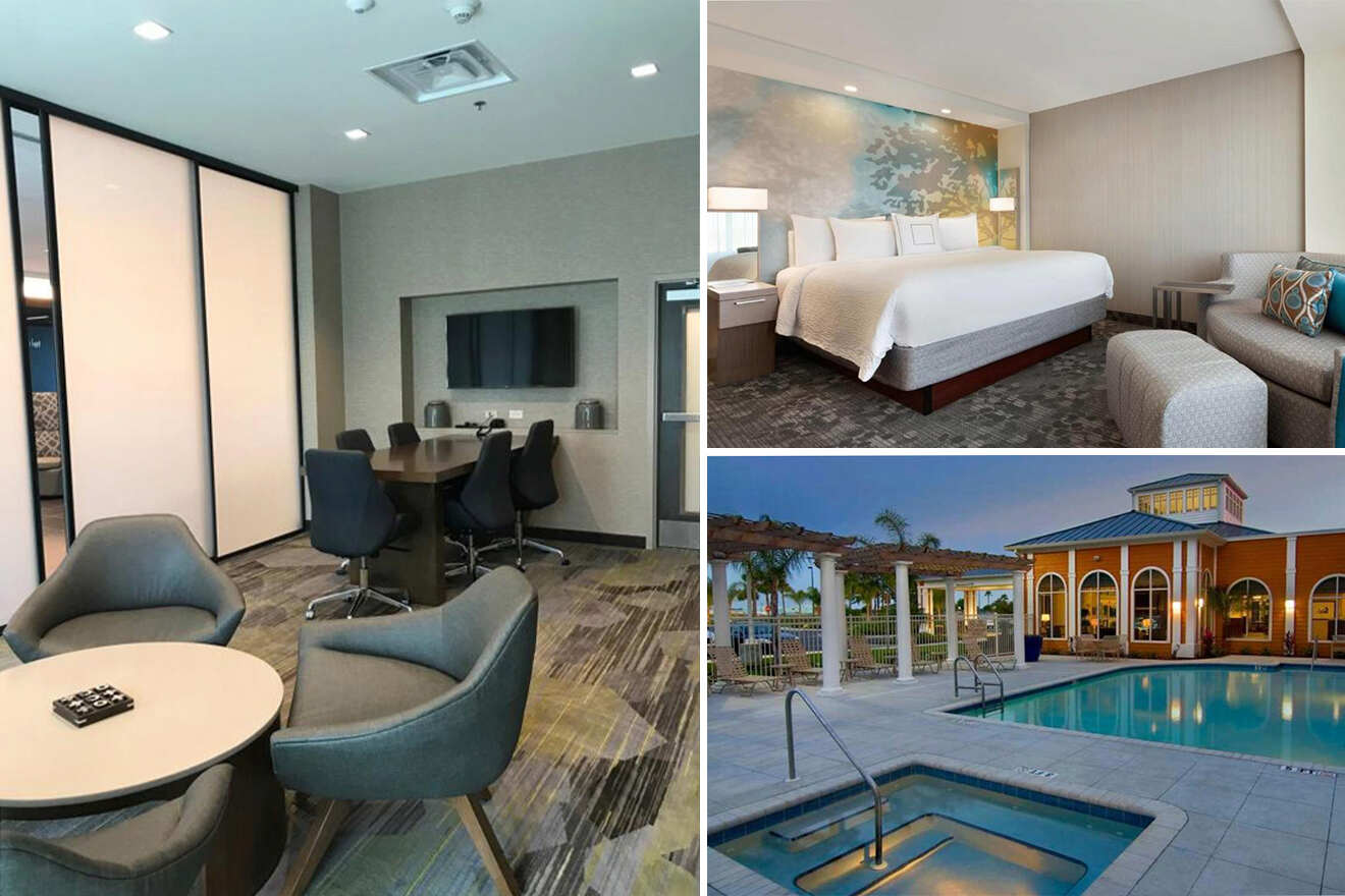 collage of 3 images containing a outdoor swimming pool, bedroom, and lounge area