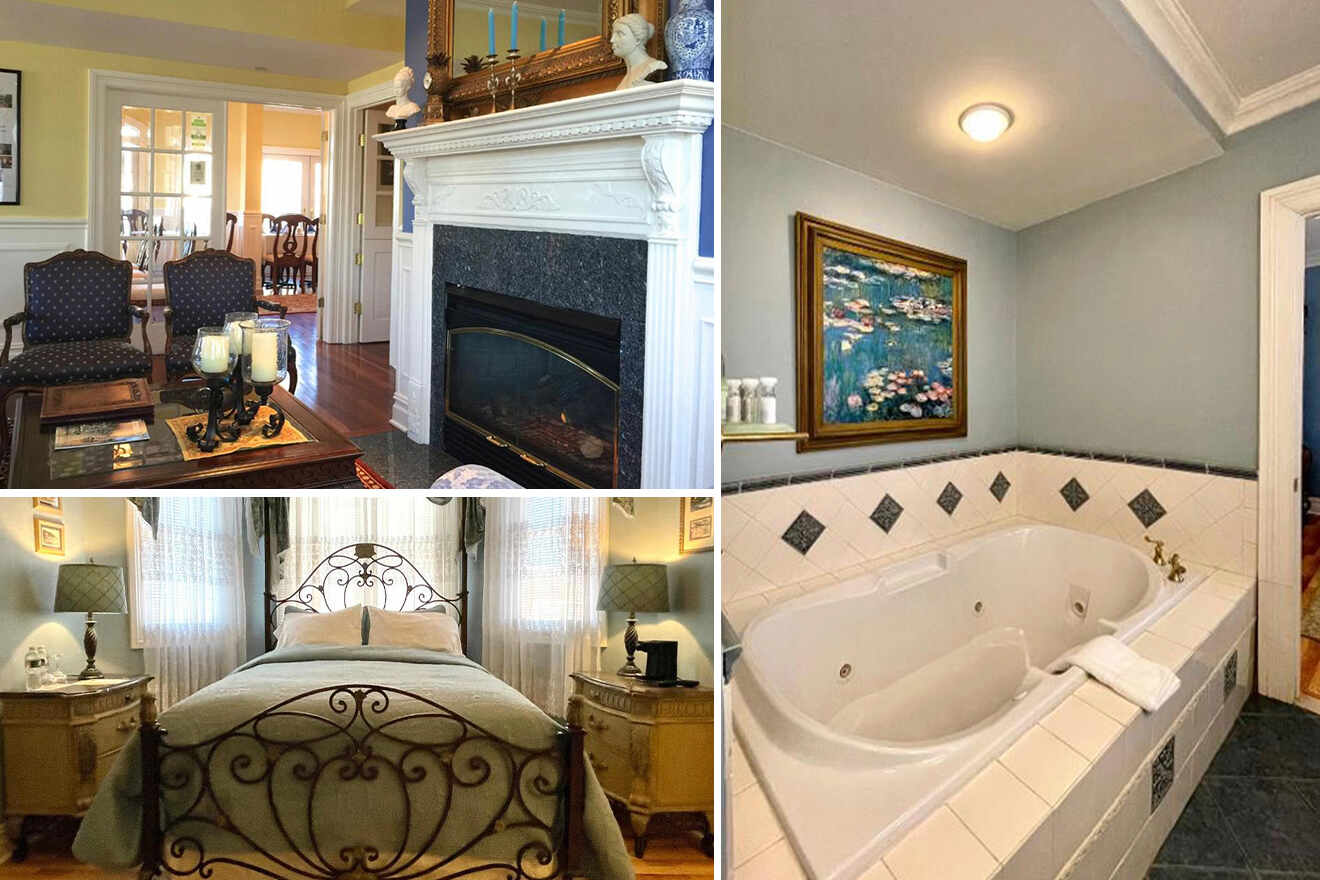 collage of 3 images containing a bedroom, bathroom and sitting area with fireplace
